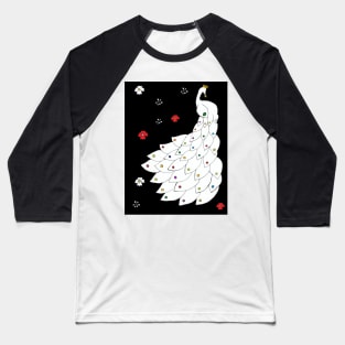 White Peacock with Flowers in a Black Background Baseball T-Shirt